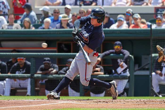 Mar 22, 2023; Lakeland, Florida, USA; Atlanta Braves third baseman Mitchell Tolman (81) swings during the first inning against the Detroit Tigers at Publix Field at Joker Marchant Stadium. Mandatory Credit: Mike Watters-USA TODAY Sports